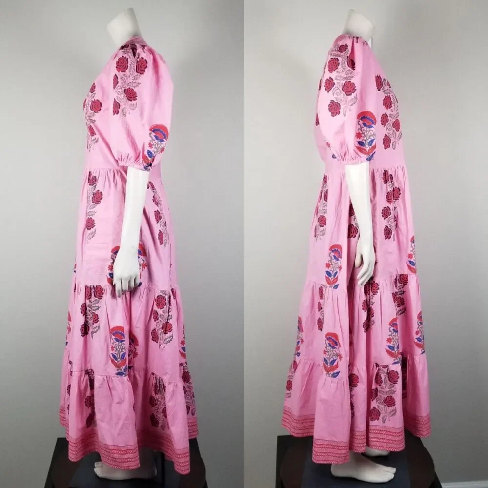 Oliphant Tuckernuck Boca Pink Puff Sleeve Midi Cotton Block Print Dress Size S - Picture 4 of 15